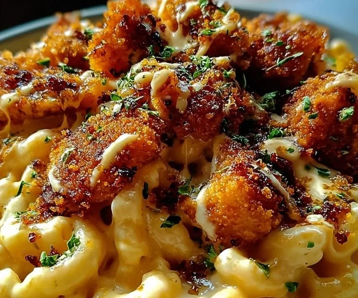 Honey pepper chicken served with creamy mac and cheese dish