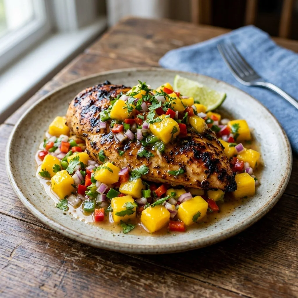 Juicy Mango Salsa Chicken with fresh ingredients served on a plate.