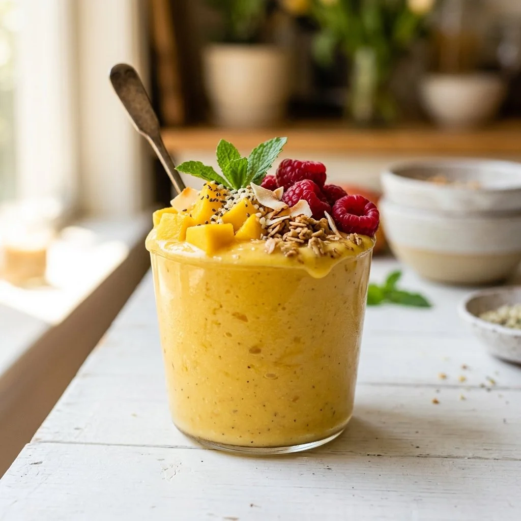 Delicious mango smoothie in a glass garnished with fresh mango slices