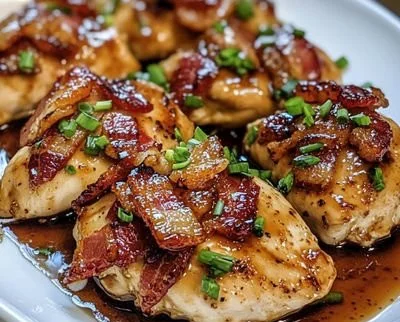 Maple Garlic Bacon Chicken cooked to perfection with glaze and crispy bacon
