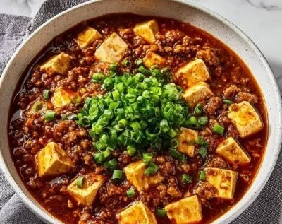 Delicious Mapo Tofu served in a traditional Chinese bowl with herbs and spices.