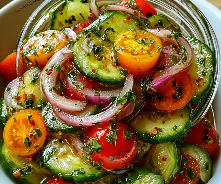 Fresh marinated cucumbers, onions, and tomatoes in a vibrant bowl
