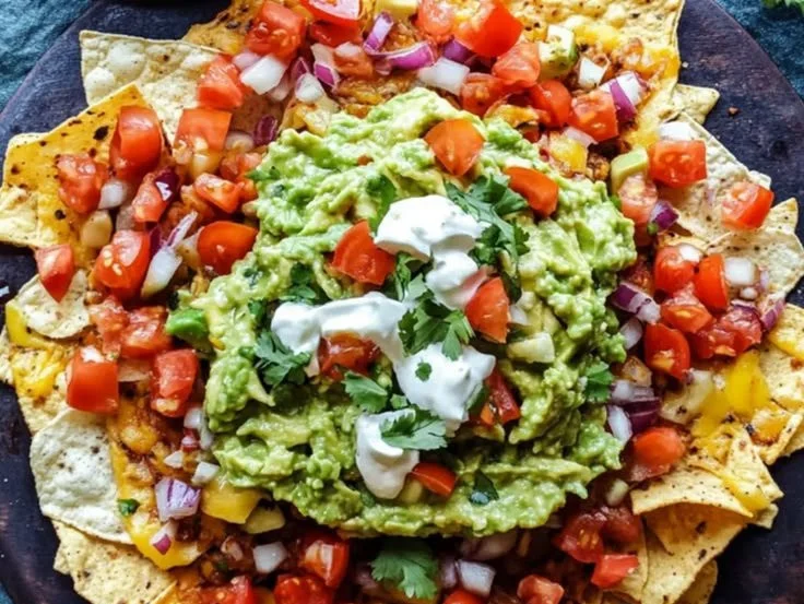Matzah nachos topped with guacamole served on a plate for snacking