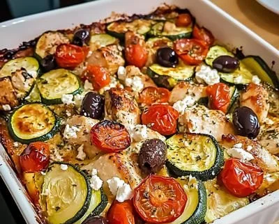Mediterranean chicken zucchini bake topped with fresh herbs and vegetables