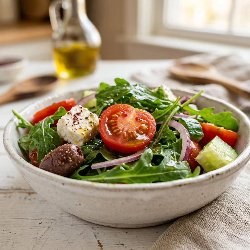 Colorful Mediterranean salad with vegetables and olives on a plate.