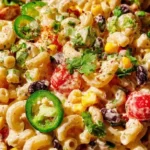 Colorful Mexican macaroni salad served as a bulk side dish