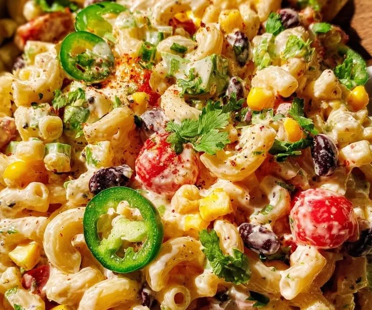 Colorful Mexican macaroni salad served as a bulk side dish