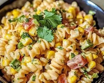 Bowl of Mexican Street Corn Pasta Salad with corn, pasta, and fresh ingredients
