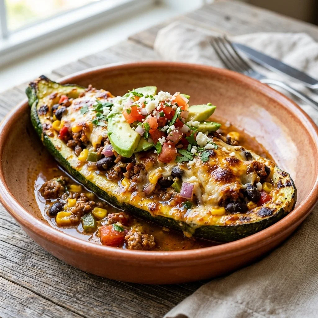 Mexican stuffed zucchini filled with savory ingredients, perfect for healthy dining.