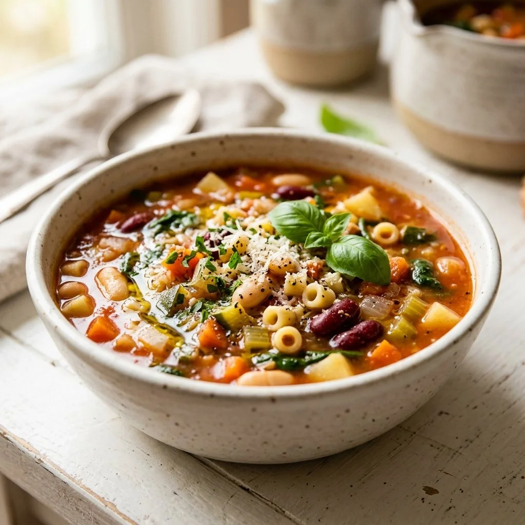 Bowl of hearty minestrone soup with vegetables and pasta