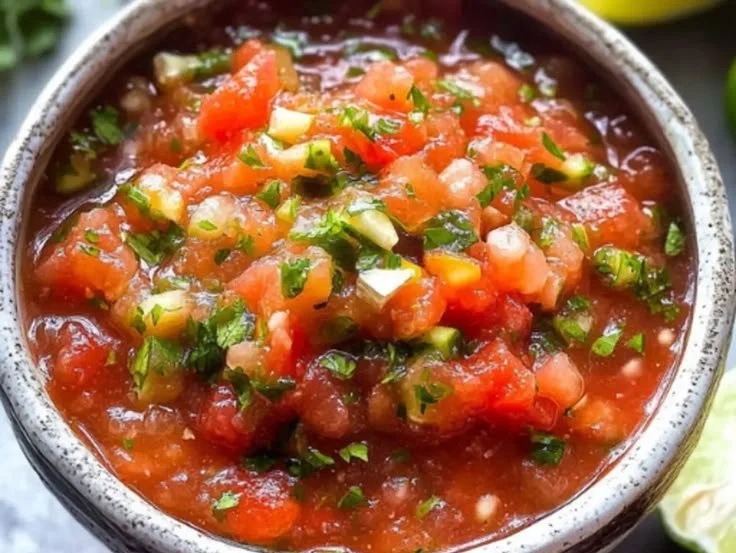 A bowl of quick and easy homemade salsa with fresh ingredients.