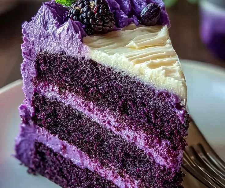 Moist purple velvet cake with rich chocolate cream frosting