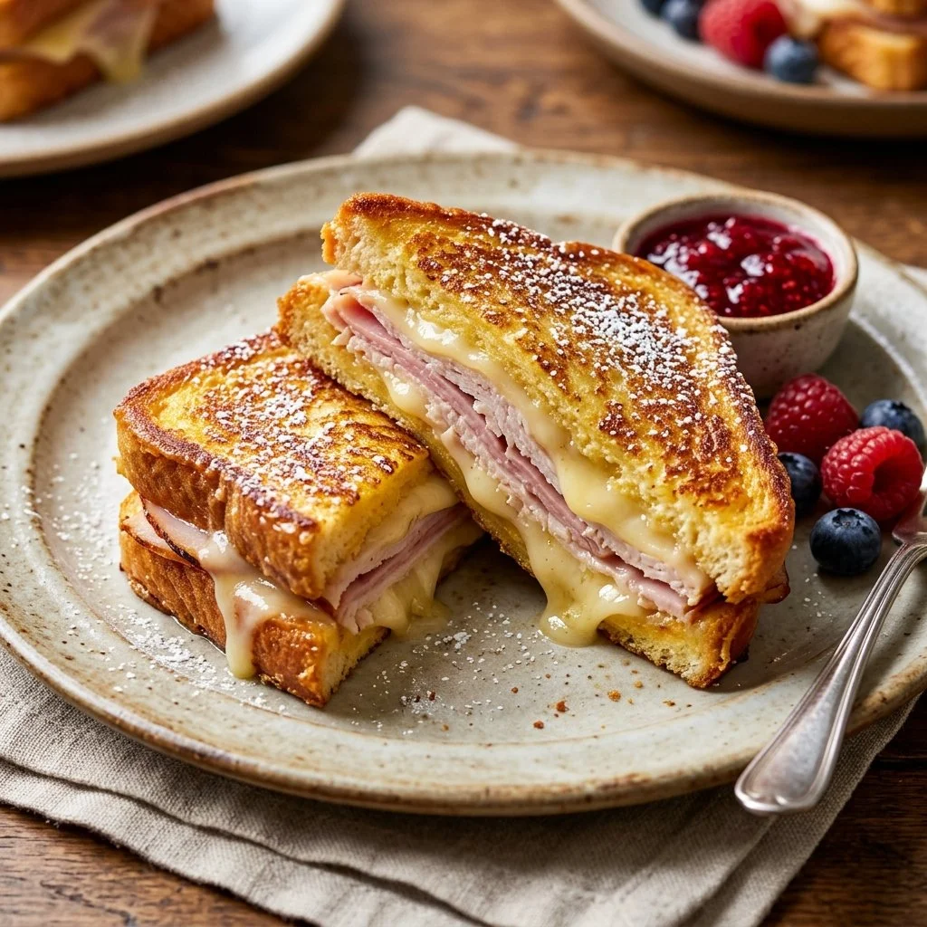 Delicious Monte Cristo sandwich served with powdered sugar and jam.