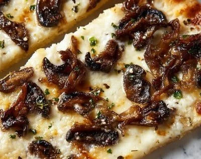 Slice of Morel Mushroom Pizza topped with fresh herbs and melted cheese
