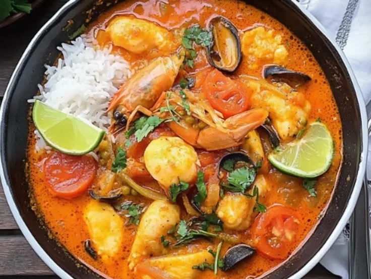 A vibrant bowl of Myanmar seafood curry featuring fresh ingredients and spices.