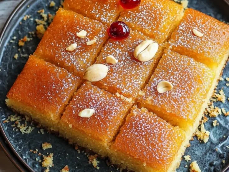 Delicious Namoura Basbousa semolina cake topped with almonds