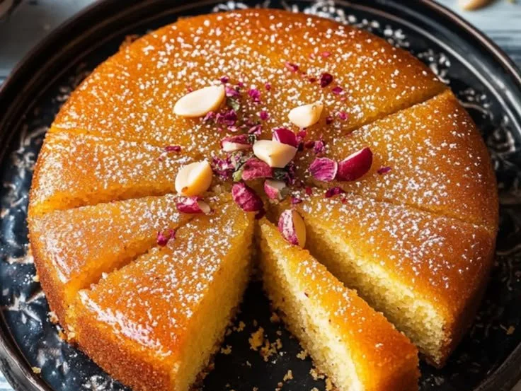 Delicious Namoura Basbousa Semolina Cake topped with syrup and almonds.