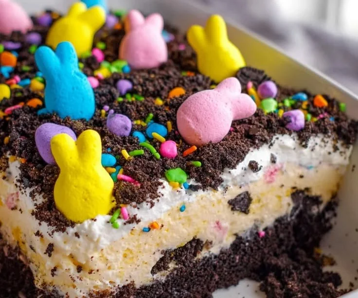 No-Bake Easter Dirt Cake decorated with spring themes and festive toppings