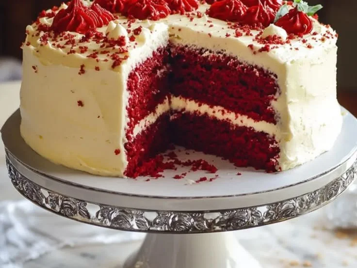 Slice of old fashioned red velvet cake with cream cheese frosting