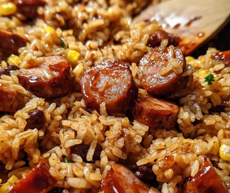One-Pan BBQ Sausage Rice dish with colorful ingredients and a tangy sauce.