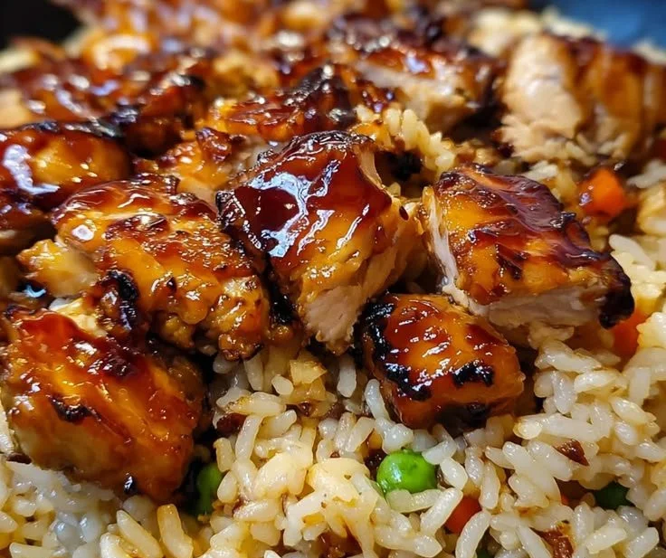 One-Pan Bold Honey BBQ Chicken served over rice in a skillet with colorful veggies.