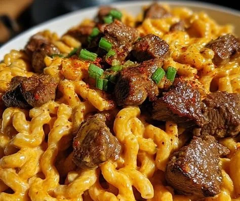 One-Pan Creamy Spicy Cajun Steak Bites with Cheddar Pasta