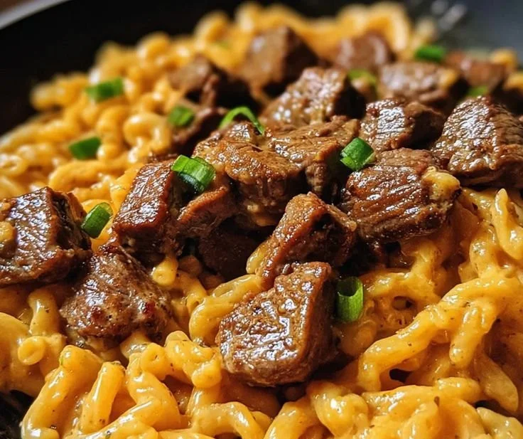 One-pan creamy spicy Cajun steak bites served with cheddar pasta