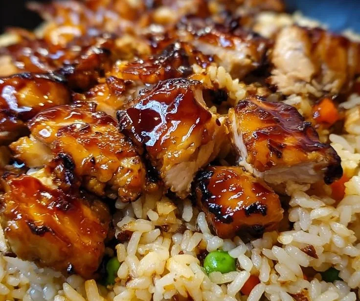 One-Pan Honey BBQ Chicken served over rice with vibrant vegetables