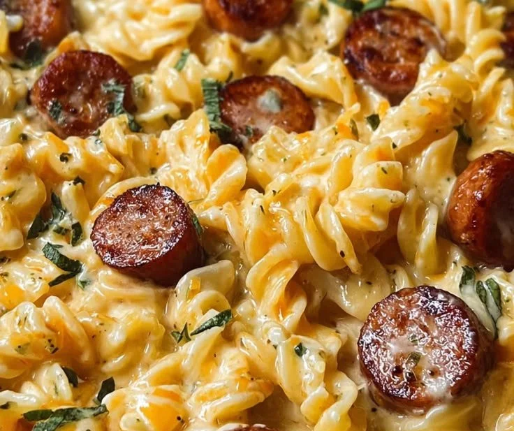 One-Pan Sausage Pasta with White Cheddar Ranch served in a skillet