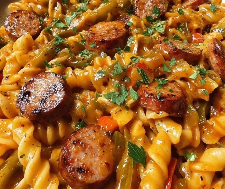 One-Pan Smoky Cajun Sausage Pasta served in a skillet with vibrant colors