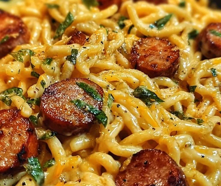 One-Pan White Cheddar Ranch Pasta with sausage on a plate