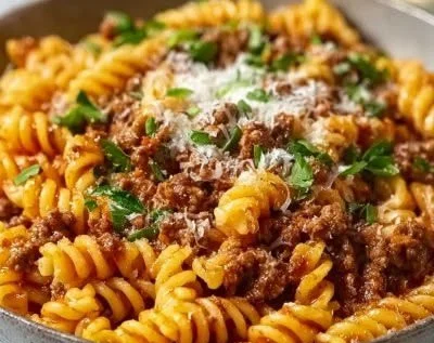 One-Pot Beef Pasta with Cheddar Ranch served in a bowl