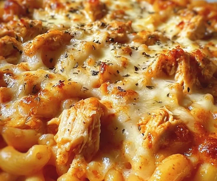 One-Pot Chicken Parmesan Mac and Cheese dish with melted cheese and pasta