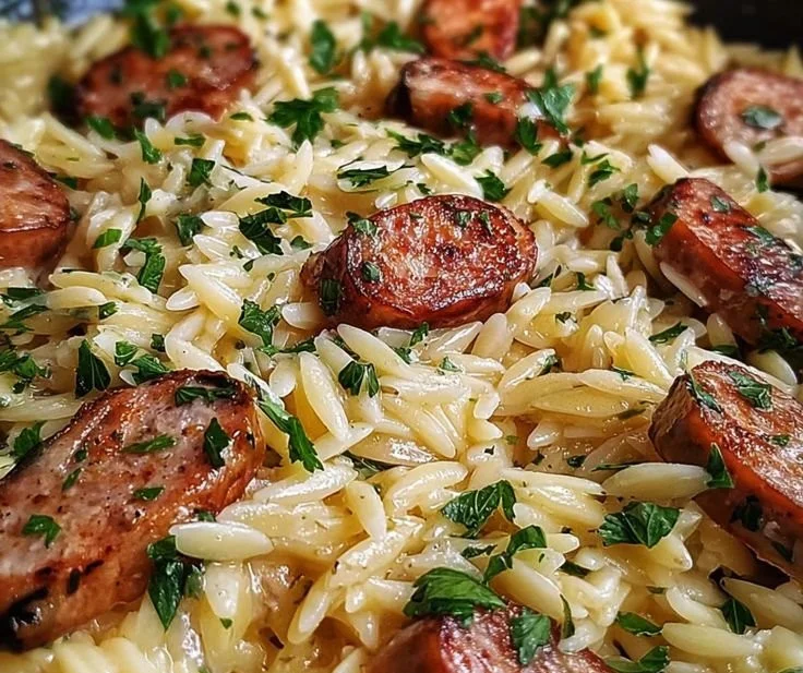 One-pot garlic butter sausage dish served with orzo for a quick dinner.