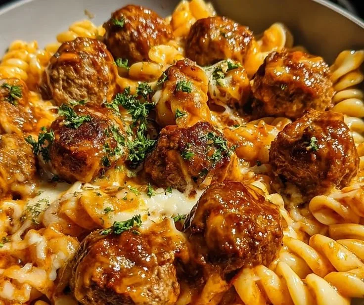 Delicious one-pot smoky BBQ meatball pasta with herbs and cheese