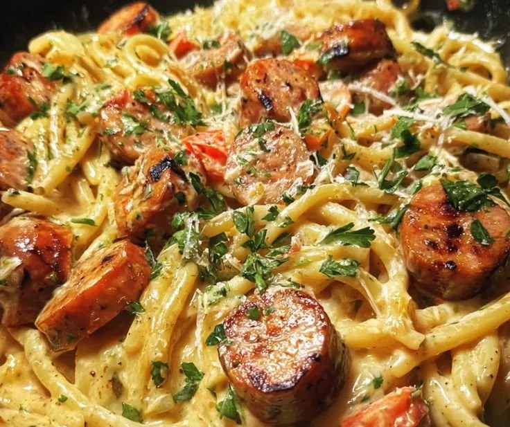 One-skillet Cajun sausage pasta with garlic butter served in a bowl
