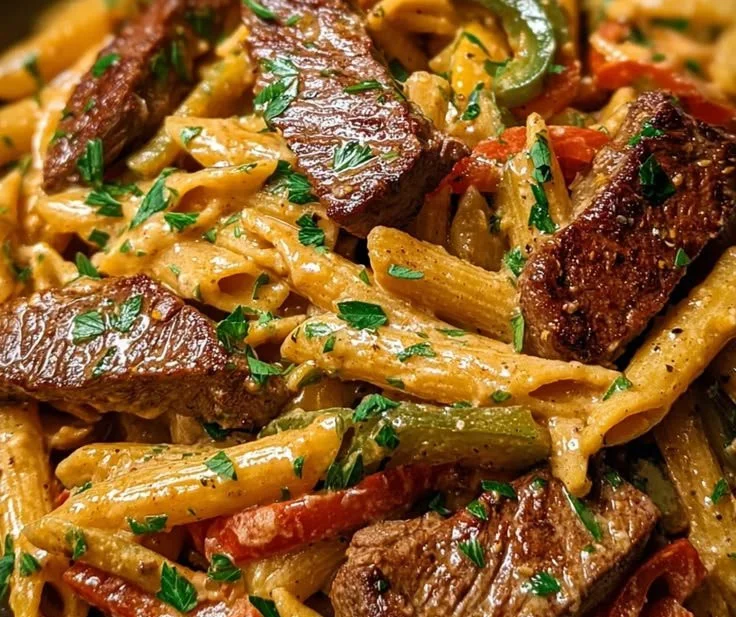 One-skillet creamy spicy Cajun steak pasta served in a bowl with herbs.