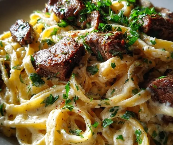 One Skillet Smoky Garlic Butter White Cheddar Steak Pasta dish