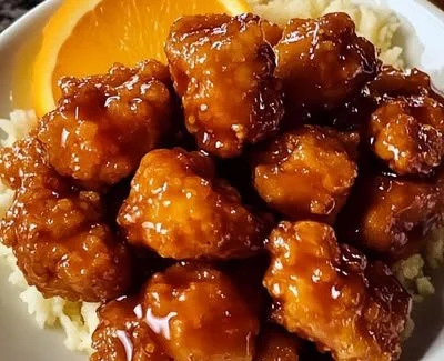 Homemade orange chicken served with rice and vegetables
