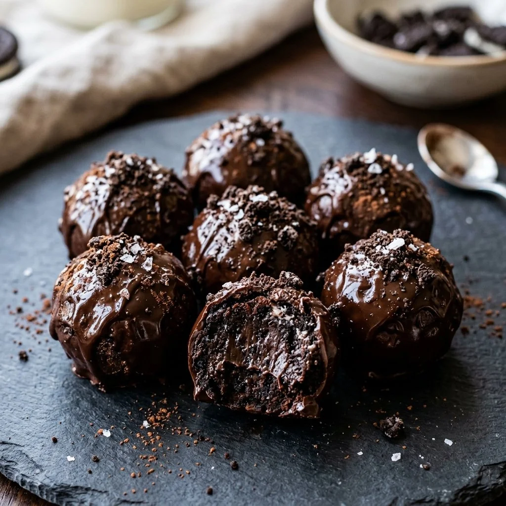 Delicious homemade Oreo Truffles coated in chocolate.