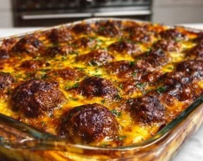 Delicious oven-baked meatball pasta casserole served in a rustic dish