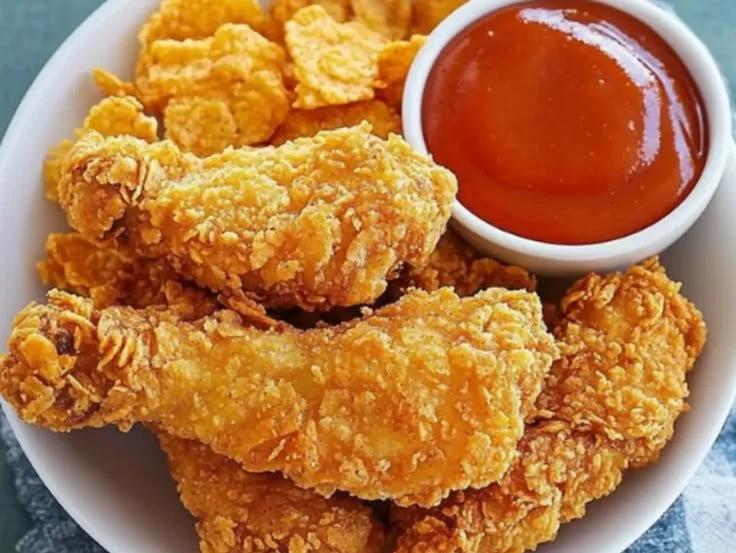 Oven-fried crispy cornflake chicken with a crunchy coating.