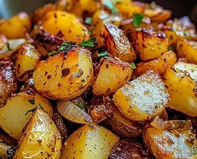 Oven-fried potatoes and onions dish served on a plate