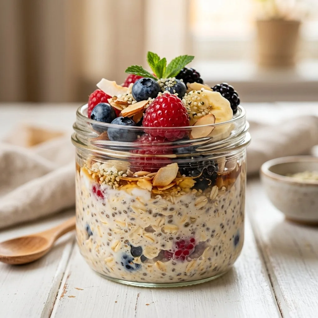 Healthy and delicious overnight oats in a jar with fresh fruits and nuts.