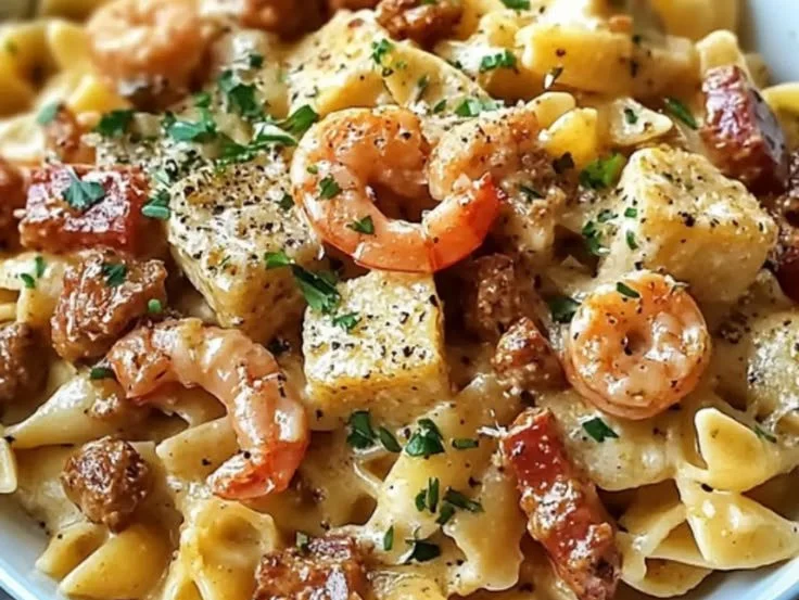 Delicious Mardi Gras Pasta from Pappadeaux with vibrant colors and hearty ingredients