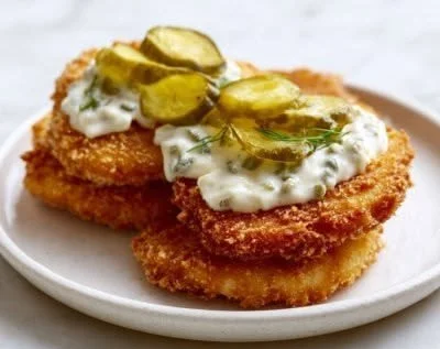 Delicious Parmesan Chicken with Dill Pickle served on a plate