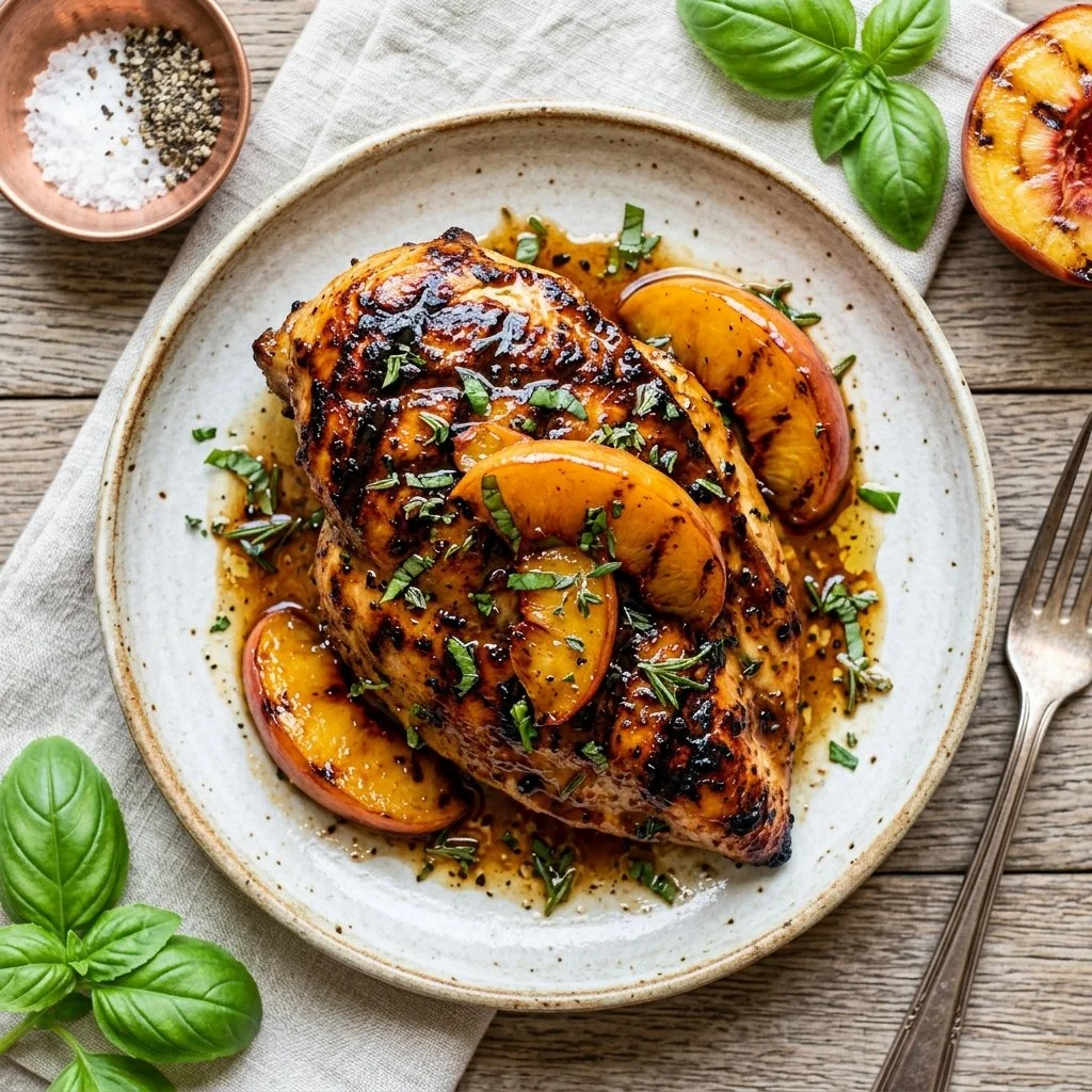 Delicious Peach Balsamic Grilled Chicken served with fresh herbs.