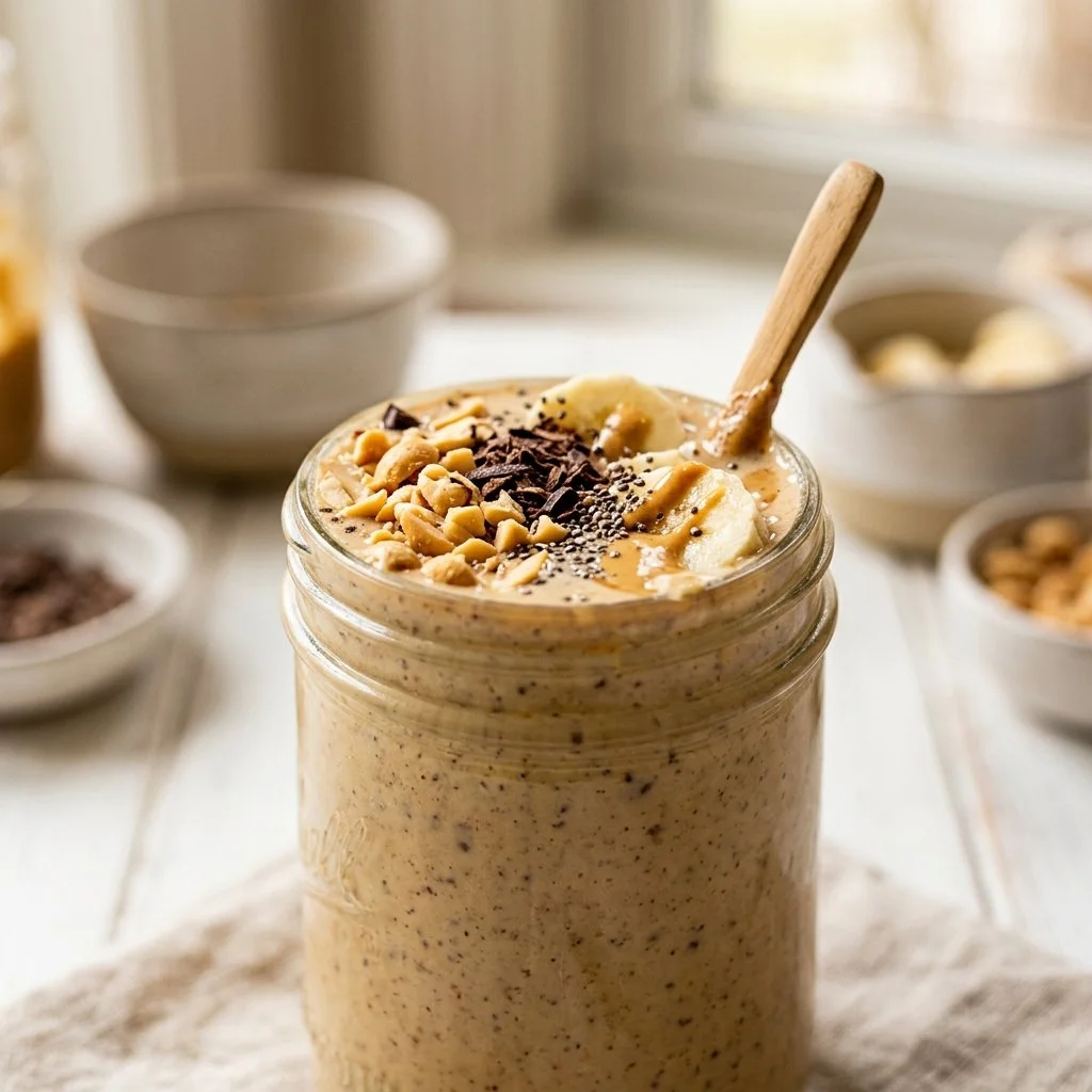 Delicious peanut butter smoothie with banana and chocolate in a glass