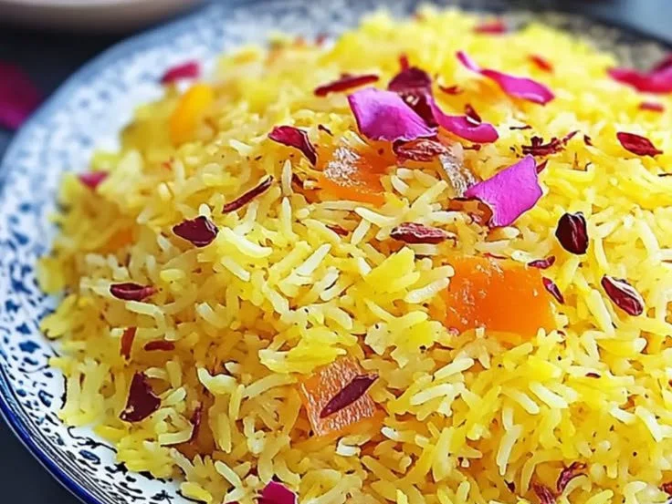 Bowl of Persian saffron rice infused with rose water, garnished with herbs
