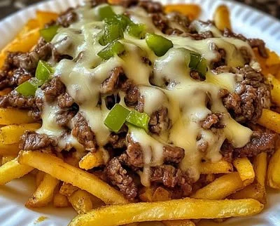 Delicious Philly Steak Cheese Fries topped with melted cheese and savory steak.